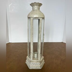 Small, Rustic, Ivory Metal Candle Lantern with Glass Panel Inserts